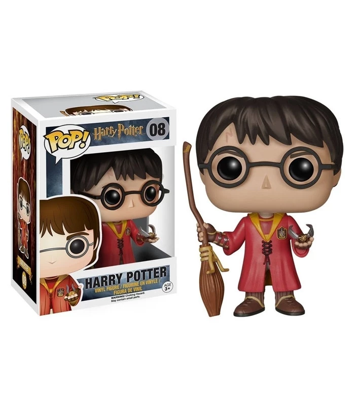 Harry Potter Quidditch Funko Pop 08 figurica mladega čarovnika v rdeči opravi z metlo, popolna za zbiratelje Wizarding World izdelkov.