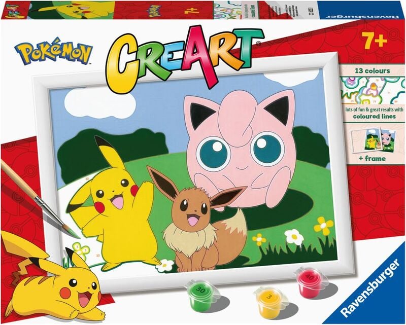 Ravensburger Pokémon CreArt Paint by Numbers komplet s Pikachujem, Eeveejem in Jigglypuffom, 13 barv, čopič in okvir za ustvarjanje Pokémon motiva.