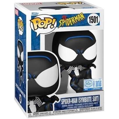 Spider-Man Symbiote Suit Funko Pop Exclusive, stilizirana Marvel figurica z ikoničnim črnim kostumom, idealna za vitrino ali geek zbirko.