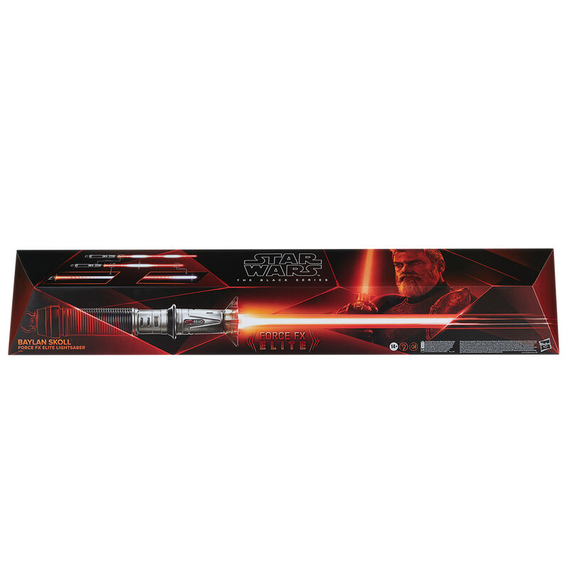 Star Wars Force FX Elite Baylan Skoll Lightsaber, premium replika iz Black Series linije, z realistično osvetlitvijo in zvokom, namenjena zahtevnim zbirateljem in cosplay navdušencem.