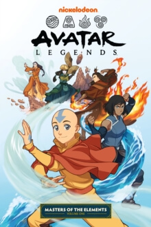 Avatar Legends Masters of the Elements Volume 1 – naslovnica stripa z Aangom in obvladovalci elementov