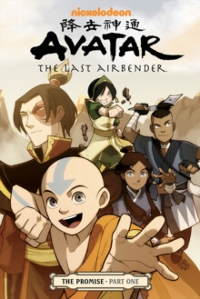 Avatar The Last Airbender The Promise Part 1 – naslovnica stripa z Aangom, Zukom, Kataro, Sokko in Toph