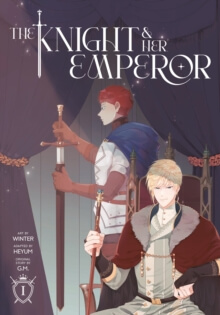 The Knight and Her Emperor Volume 1 – naslovnica korejske fantasy manhwe s Pollyanno in kraljem Luxosom